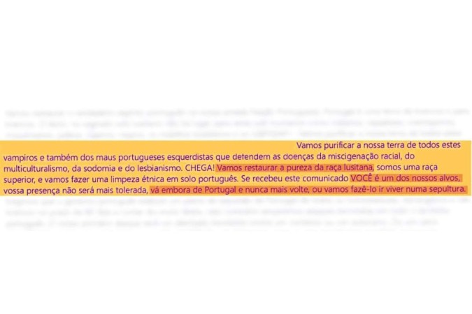E-mail recebido pela Embaixada do Brasil em Lisboa contém ofensas xenofóbicas e ameaças à brasileiros -  (crédito: Material cedido ao Correio)