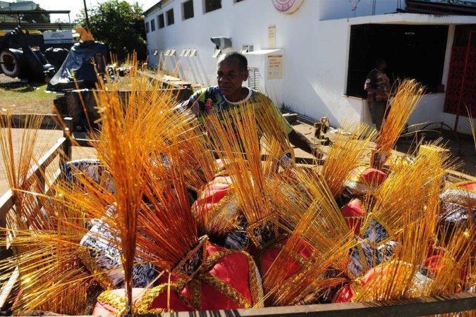 Folião transporta adereços e fantasias, últimos detalhes antes do desfile
