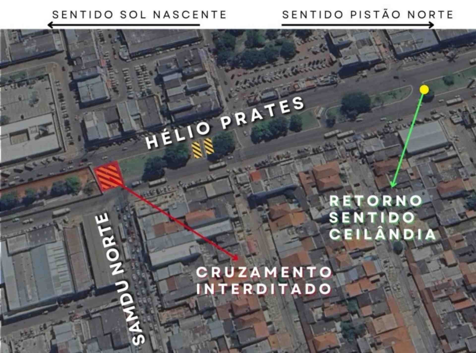 Como alternativa, os motoristas que seguem pela Samdu em direção a Ceilândia, devem utilizar o retorno localizado a 240 metros do cruzamento, em frente à Drogasil. Como alternativa, os motoristas que seguem pela Samdu em direção a Ceilândia, devem utilizar o retorno localizado a 240 metros do cruzamento, em frente à Drogasil