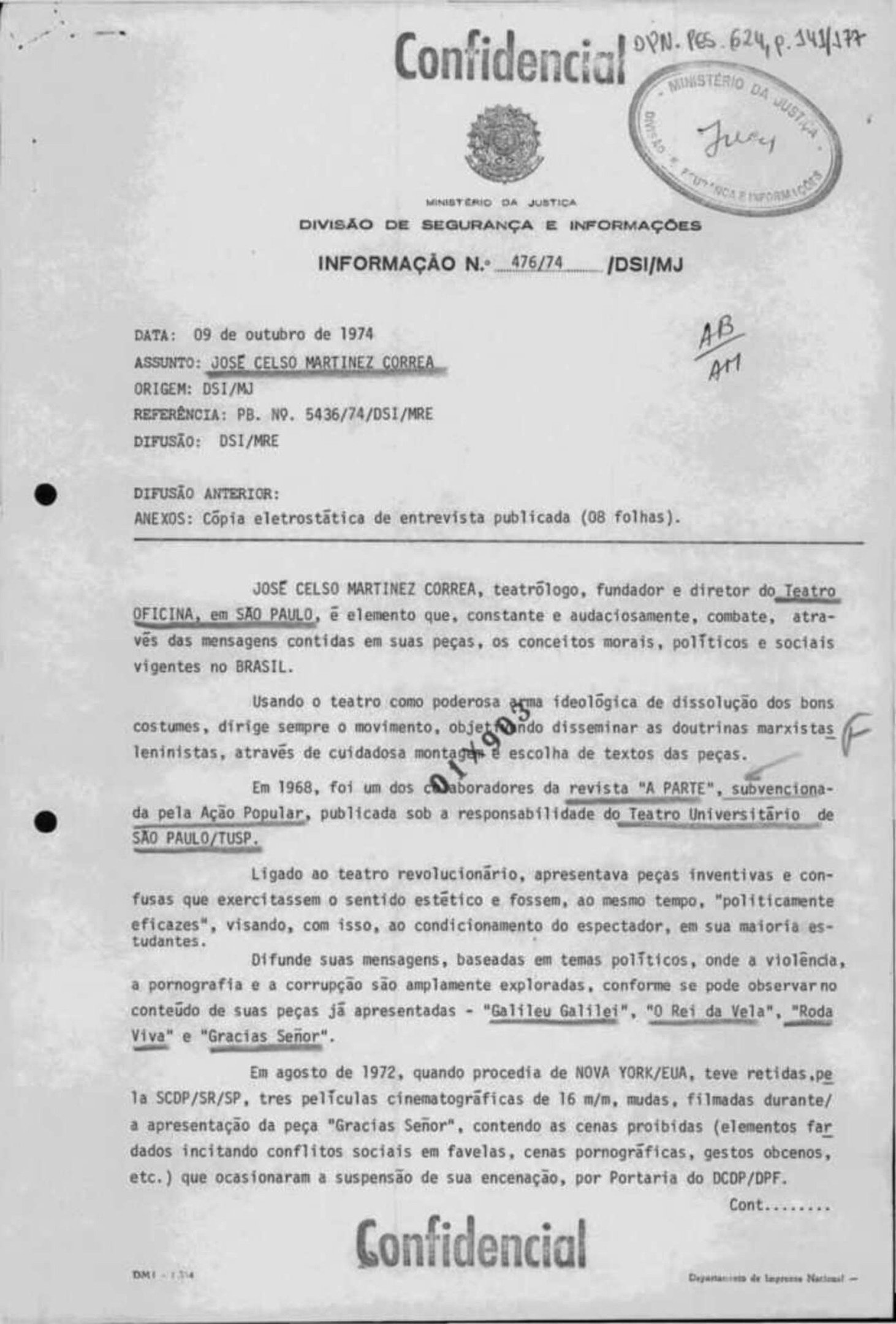 Documento da ditadura, em 1974, sobre o dramaturgo Zé Celso