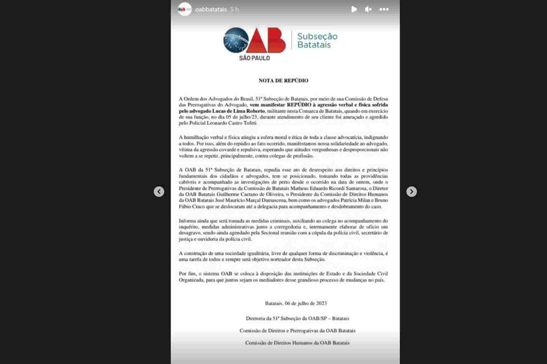 Nota de rep&uacute;dio da OAB-SP, subse&ccedil;&atilde;o de Batatais