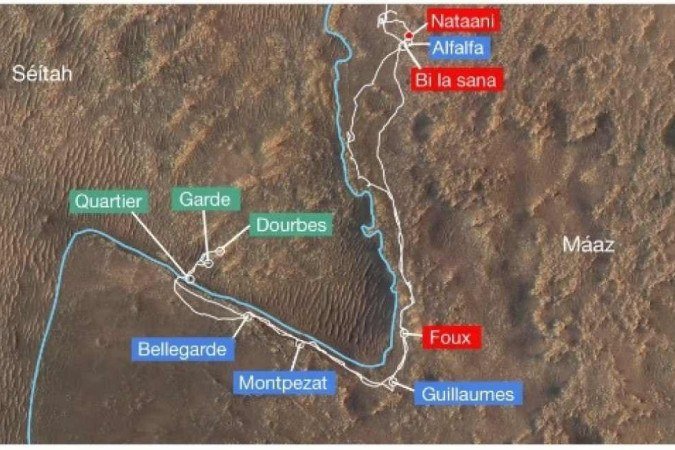 O caminho do Perseverance Rover pelo assoalho da cratera Jezero. No caminho, ele encontrou evidências de uma surpreendente diversidade de moléculas orgânicas. - (crédito: NASA/JPL-Caltech/University of Arizona/USGS) O caminho do Perseverance Rover pelo assoalho da cratera Jezero. No caminho, ele encontrou evidências de uma surpreendente diversidade de moléculas orgânicas. - (crédito: NASA/JPL-Caltech/University of Arizona/USGS)
