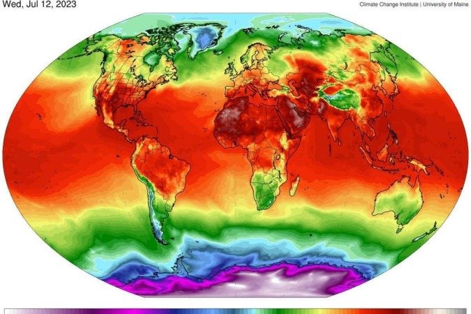 Mapa de temperatura de julho de 2023 elaborado pelo Instituto de Mudanças Climáticas da Universidade do Maine mostra que praticamente no mundo todo a temperatura está muito alta
 -  (crédito: Climate Reanalyzer/Divulgação )