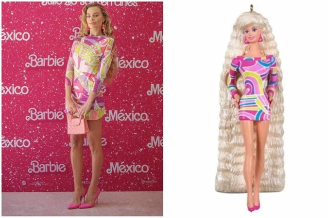 Atriz Margot Robbie posa com diversas roupas da boneca Barbie em