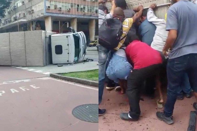 Imagens gravadas após o ocorrido mostram que ao menos 20 pessoas, entre comerciantes e pedestres, uniram forças para levantar o caminhão e resgatar com vida o homem -  (crédito: Reprodução/Twitter)
