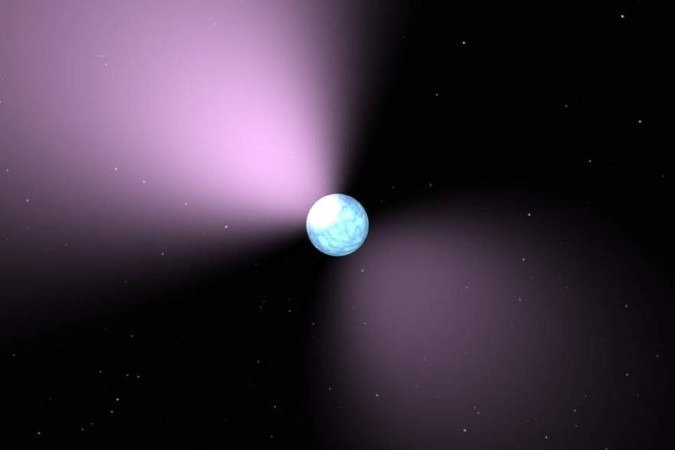 Conceito artístico de um pulsar, parecido como um farol, pois a luz aparece em pulsos regulares à medida que gira -  (crédito: Reprodução/NASA's Goddard Space Flight Center/SA/JPL-Caltech)