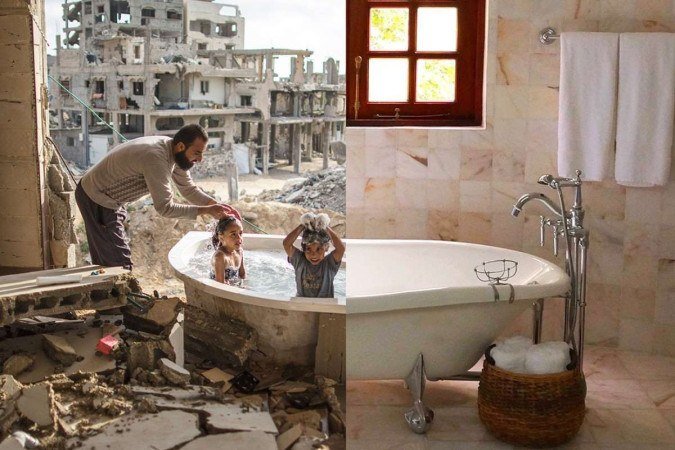 Montagem de foto em que palestino ajuda filha e sobrinho a tomarem banho, em apartamento destruído em Gaza  -  (crédito: Ugur Gallenkus)