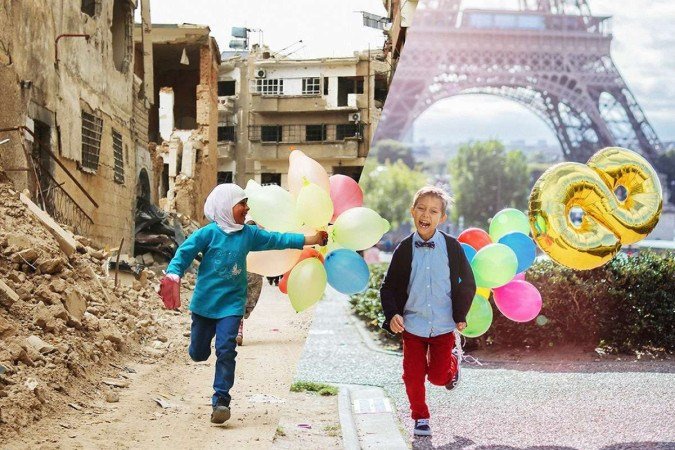Menina síria corre com balões na mão (E); à direita, garoto francês diante da Torre Eiffel