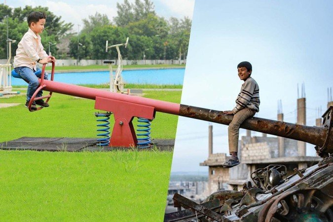 Garoto sírio sentado sobre canhão de tanque de guerra destruído 