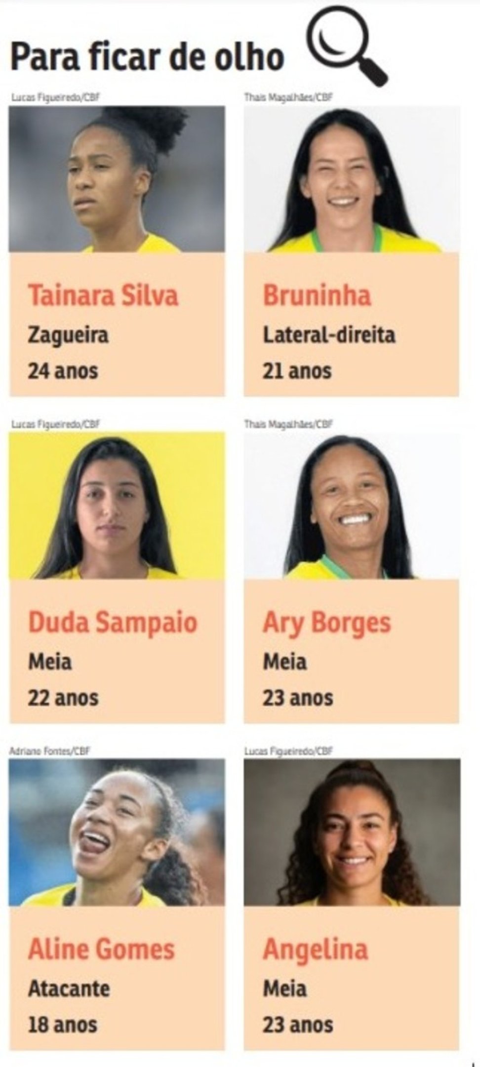 Quadro com as fotos de Tainara Silva, Bruninha, Duda Sampaio, Ary Borges, Aline Gomes e Angelina, destaques da nova geração da Seleção Brasileira
