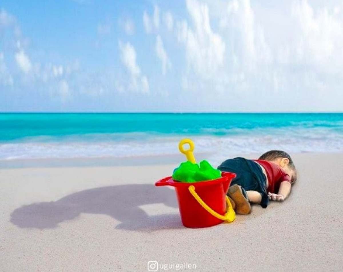Montagem sobre foto de Allan Kurdi, o menino sírio morto após naufrágio no Mediterrâneo
