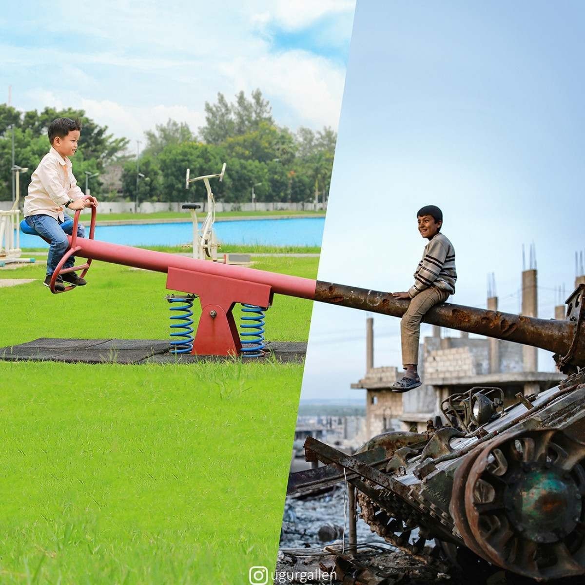 Garoto sírio sentado sobre canhão de tanque de guerra destruído 