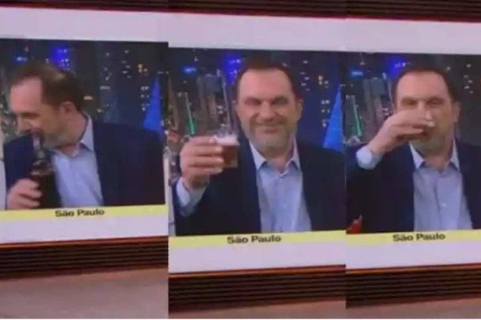O comentarista Mauro Paulino tomando cerveja ao vivo durante o programa Em Pauta, da GloboNews - (crédito: Reprodução/redes sociais) O comentarista Mauro Paulino tomando cerveja ao vivo durante o programa Em Pauta, da GloboNews - (crédito: Reprodução/redes sociais)