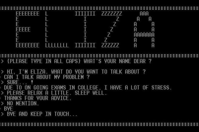 Tela com um diálogo entre o chatbot Eliza e um usuário, na década de 1960