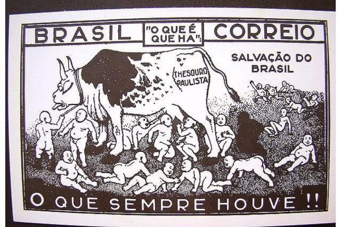 Propaganda separatista da Revolução Constitucionalista de 1932, que retrata São Paulo como uma vaca que definha ao ser sugada por demais Estados do Brasil - (crédito: Reprodução) Propaganda separatista da Revolução Constitucionalista de 1932, que retrata São Paulo como uma vaca que definha ao ser sugada por demais Estados do Brasil - (crédito: Reprodução)
