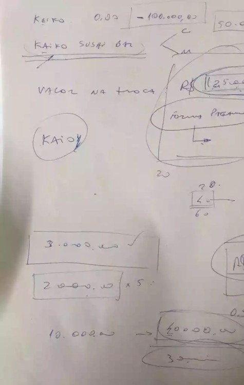 A legenda com texto confuso foi acompanhada de um esquema desenhado em caneta que apontam valores envolvidos no suposto golpe