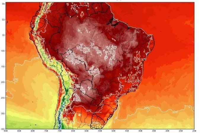 Estados como Amazonas, Pará, Rondônia, Mato Grosso, Maranhão, Tocantins, no Oeste da Bahia, no Noroeste de Goiás e Norte do Mato Grosso do Sul podem alcançar máximas de 40ºC - (crédito: Reprodução MetSul) Estados como Amazonas, Pará, Rondônia, Mato Grosso, Maranhão, Tocantins, no Oeste da Bahia, no Noroeste de Goiás e Norte do Mato Grosso do Sul podem alcançar máximas de 40ºC - (crédito: Reprodução MetSul)