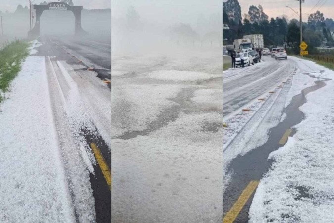 Moradores relataram que a camada de granizo deixou as ruas da cidade cobertas por pedras de gelo - (crédito: Reprodução/Agência Catarinense de Notícias) Moradores relataram que a camada de granizo deixou as ruas da cidade cobertas por pedras de gelo - (crédito: Reprodução/Agência Catarinense de Notícias)