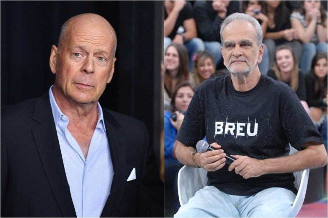 Bruce Willis e Maurício Kubrusly - (crédito: Angela Weiss / AFP e TV GLOBO / Zé Paulo Cardeal) Bruce Willis e Maurício Kubrusly - (crédito: Angela Weiss / AFP e TV GLOBO / Zé Paulo Cardeal)