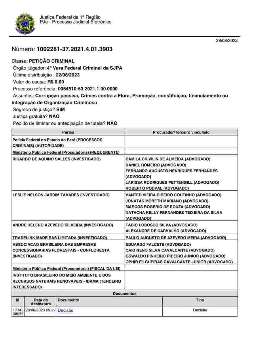 Página inicial da denúncia do MPF mostra Salles como um dos investigados e os crimes pelos quais é acusado
