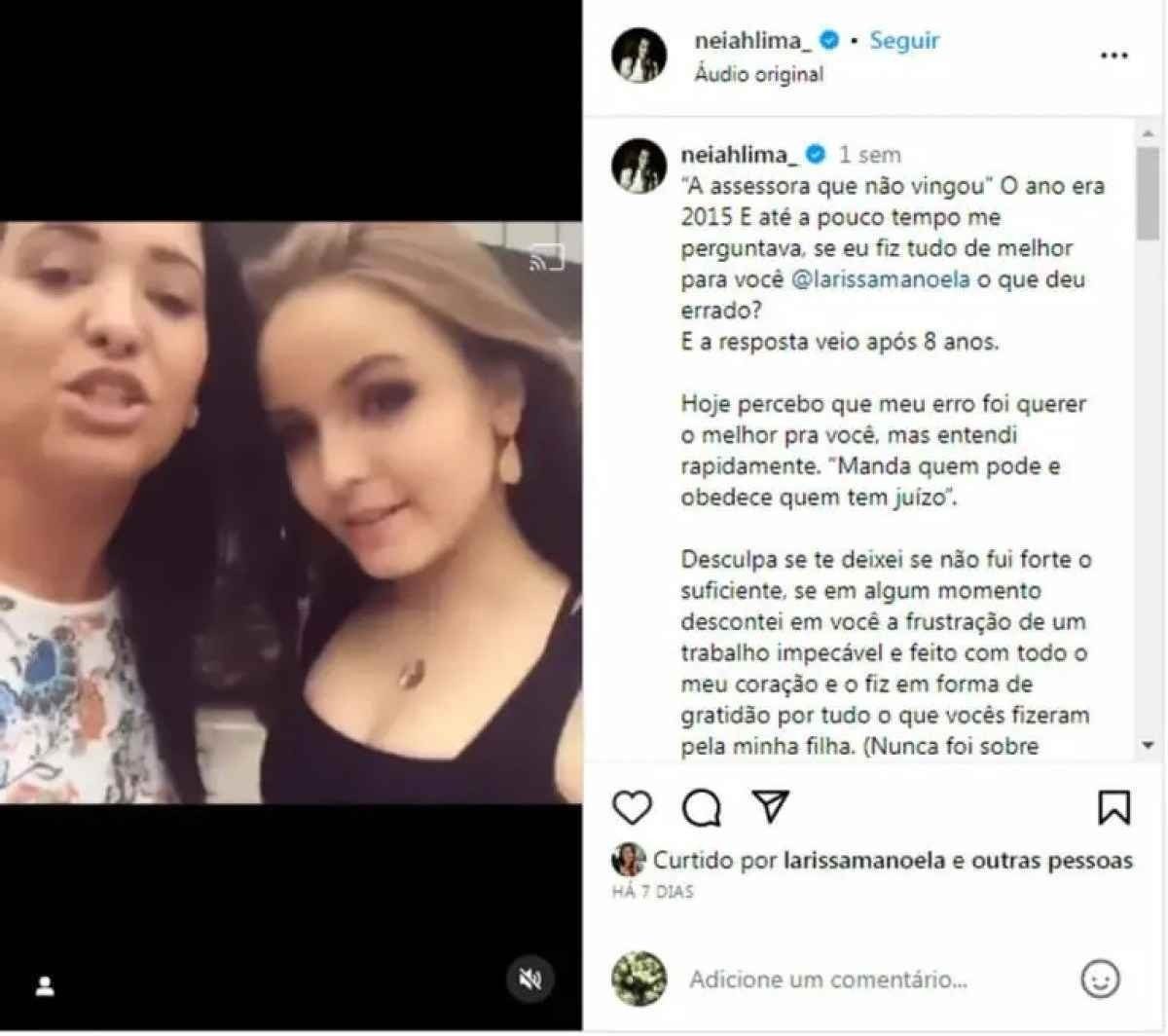 Neiah Lima, que anteriormente atuou como assessora de Larissa Manoela em 2015, compartilhou uma mensagem no Instagram abordando a dinâmica entre a atriz e seus pais