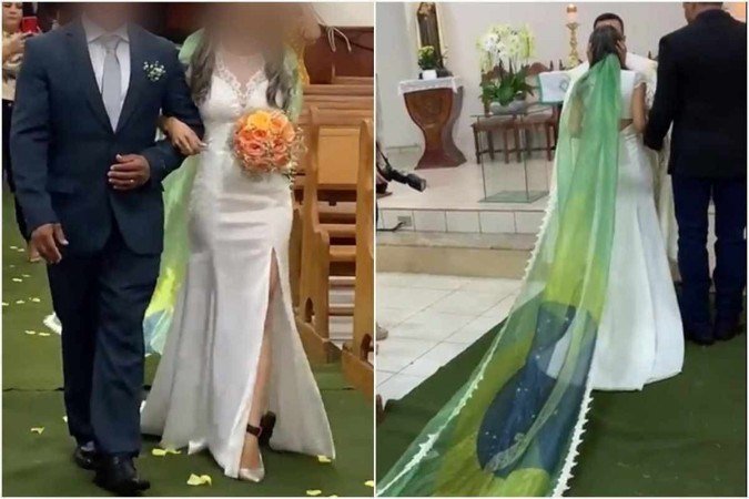 Tornozeleira eletrônica e véu da bandeira do Brasil marcaram a cerimônia de casamento - (crédito: X/biakicis/Reprodução) Tornozeleira eletrônica e véu da bandeira do Brasil marcaram a cerimônia de casamento - (crédito: X/biakicis/Reprodução)