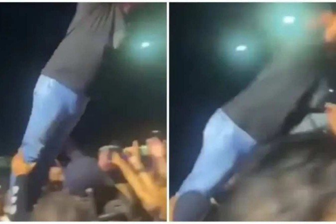O prefeito não se deixou abalar, prontamente ficou de pé e retornou ao palco da festa - (crédito: Reprodução) O prefeito não se deixou abalar, prontamente ficou de pé e retornou ao palco da festa - (crédito: Reprodução)