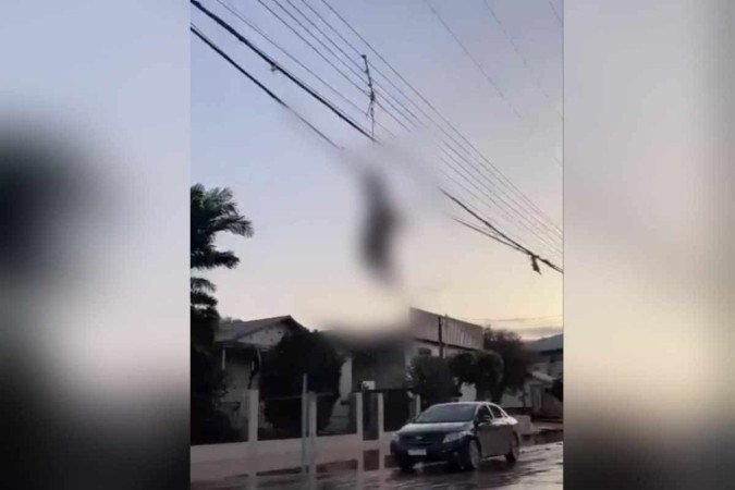 A ovelha estava pendurada pelo pescoço em uma avenida central de Muçum - (crédito: ric.haubert via Facebook/Reprodução) A ovelha estava pendurada pelo pescoço em uma avenida central de Muçum - (crédito: ric.haubert via Facebook/Reprodução)