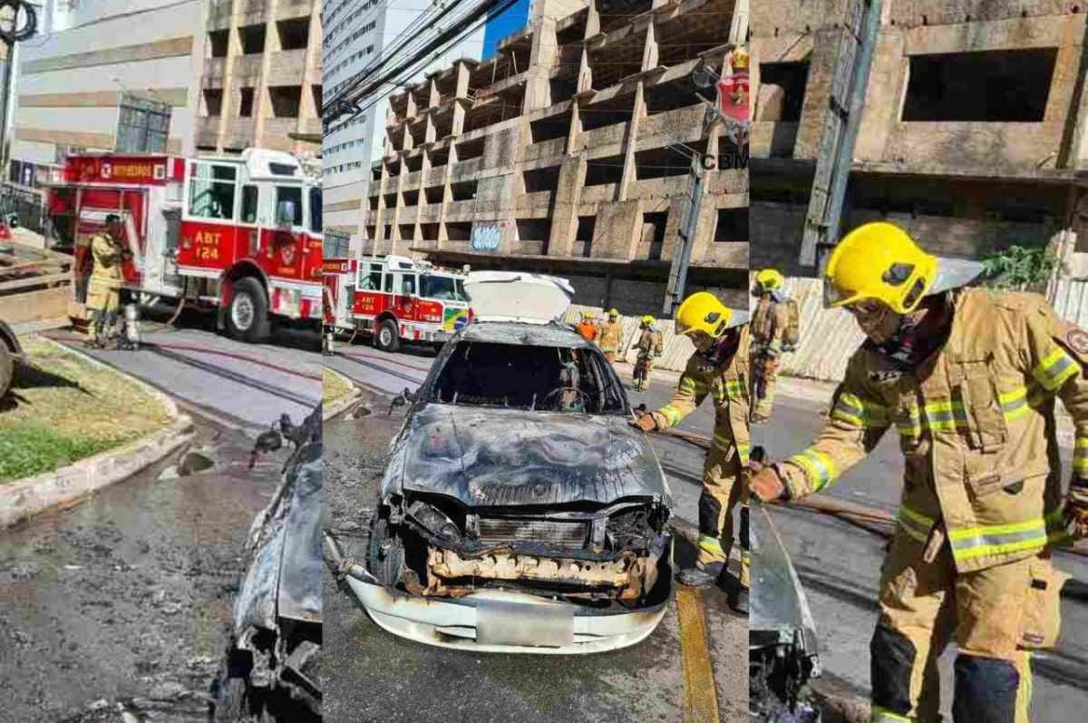 Carro de passeio pega fogo no meio da rua, em Águas Claras