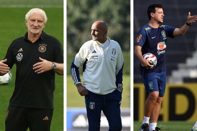 Rudi Voller, Luciano Spalletti e Fernando Diniz carregam as pranchetas mais "pesadas" do futebol mundial -  (crédito: Franck FIFE/AFP, Divulgação/Azzurri e Vitor Silva/CBF)