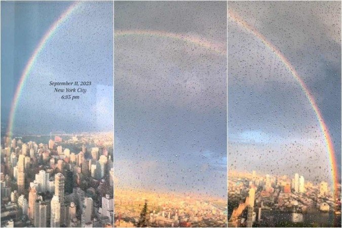 Nova York ganha um lindo presente nesta segunda-feira (11/9) ao aparecer um arco-íris arqueado pela cidade - (crédito: Reprodução/ TikTok/ megkwall) Nova York ganha um lindo presente nesta segunda-feira (11/9) ao aparecer um arco-íris arqueado pela cidade - (crédito: Reprodução/ TikTok/ megkwall)