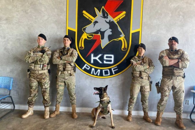 No centro da foto a cadela Maia com o Batalhão de Policiamento com Cães (BPCães), após treinamento -  (crédito: Keli Silva/Divulgação ou CB)