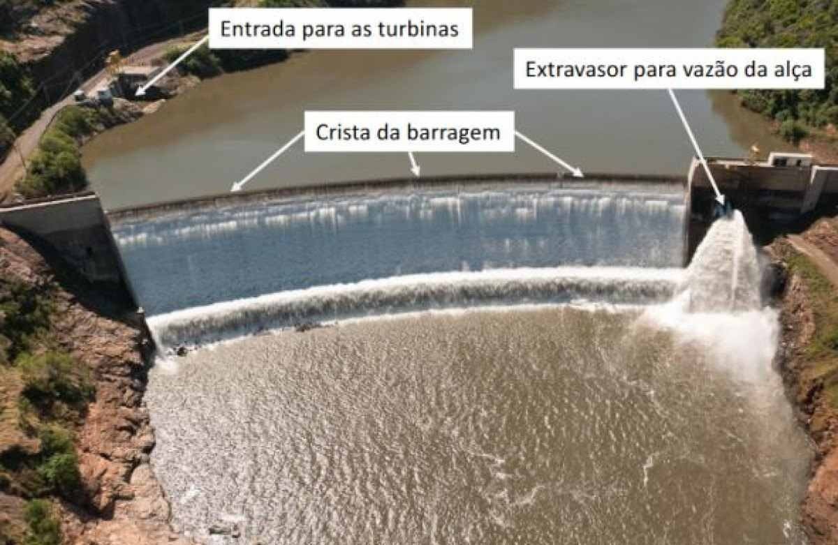 Barragem de Castro Alves não tem comportas. Água saindo no canto direito é constante e mantém a fauna e o uso no rio abaixo da barragem 