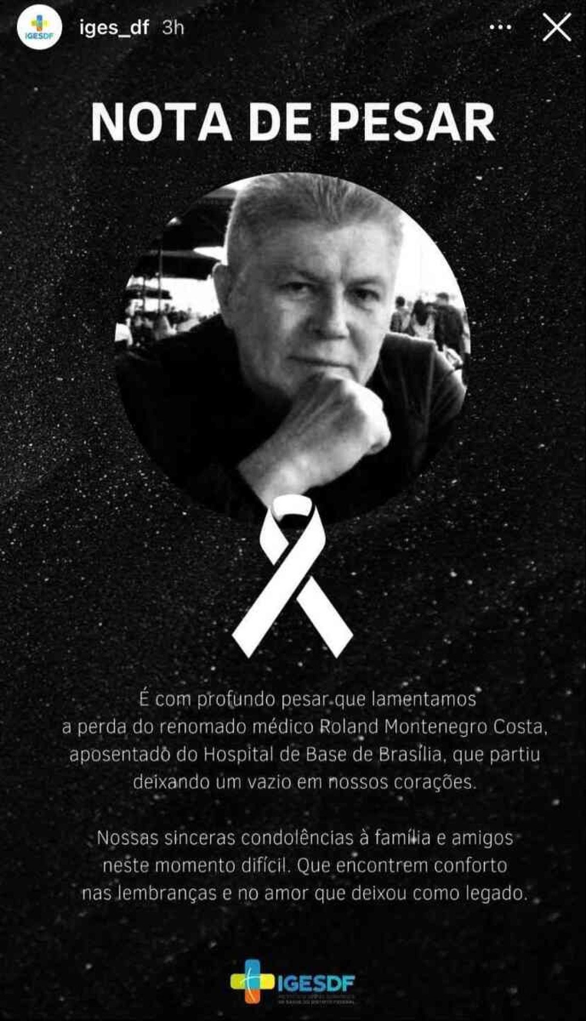 Iges-DF emite nota de pesar pela morte do médico Roland Montenegro