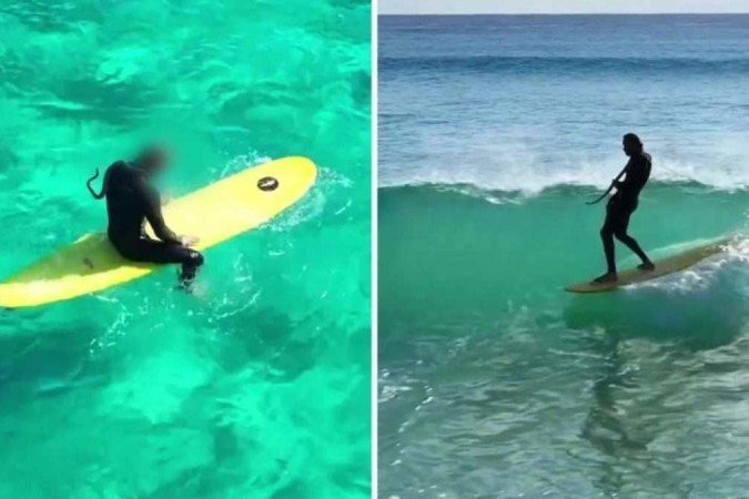 Homem surfa com cobra no pescoço em mar da Austrália - (crédito: Reprodução/Instagram ) Homem surfa com cobra no pescoço em mar da Austrália - (crédito: Reprodução/Instagram )