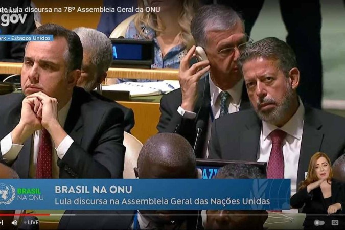 Pacheco e Lira no Plenário da ONU. Deputado deixou claro que está mais preocupado com questões dentro de casa — como cargos, por exemplo -  (crédito: Reprodução/Canal Gov)