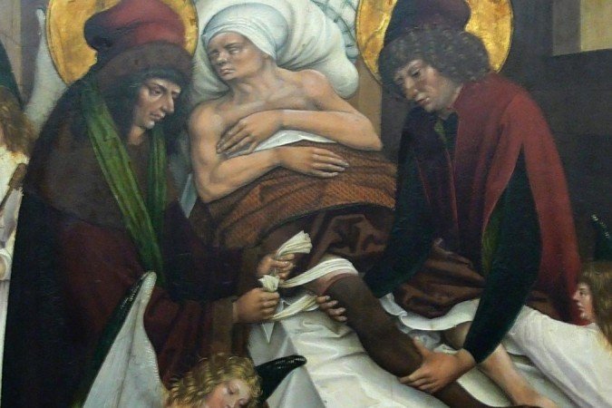 Obra provavelmente do século 16 retrata o suposto transplante de perna que os santos teriam realizado de forma milagrosa - (crédito: Domínio Público) Obra provavelmente do século 16 retrata o suposto transplante de perna que os santos teriam realizado de forma milagrosa - (crédito: Domínio Público)