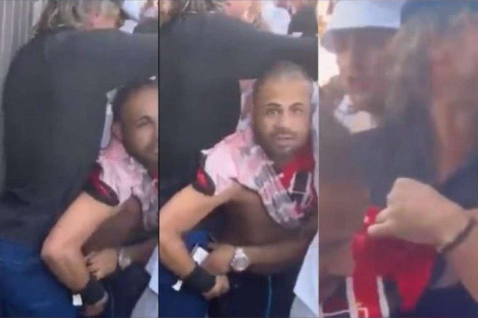 Quando nota que foi roubado, o ídolo do São Paulo corre atrás do ladrão e consegue detê-lo com a ajuda de alguns torcedores presentes -  (crédito: Reprodução/Redes Sociais)