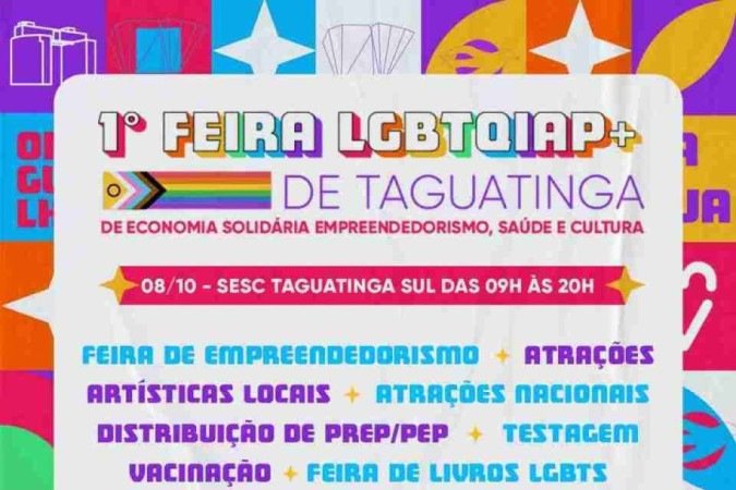 Primeira feira LGBTQIAP+ de Taguatinga acontece neste domingo (8/10)
- (crédito: Divulgação/Arquivo pessoal) Primeira feira LGBTQIAP+ de Taguatinga acontece neste domingo (8/10)
- (crédito: Divulgação/Arquivo pessoal)