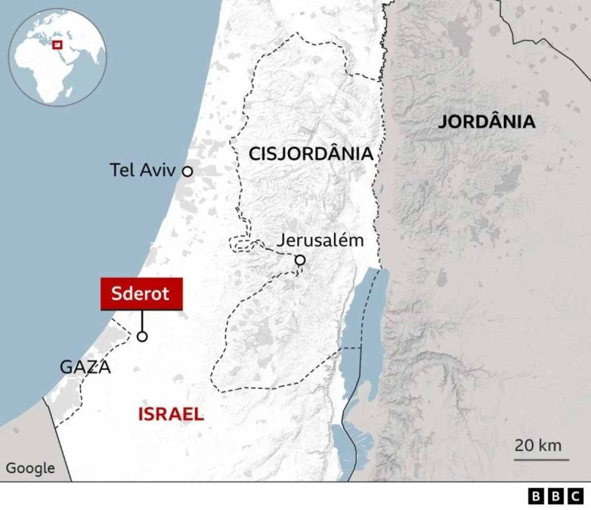 Mapa do conflito entre Israel e Palestina