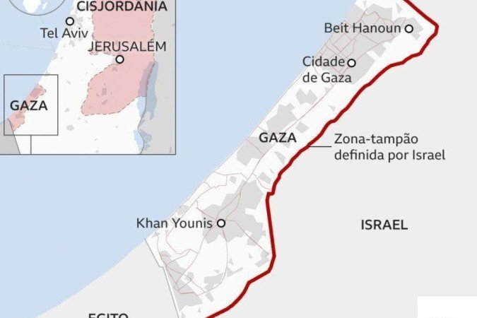 Com 41 km de comprimento e 10 km de largura entre Israel, Egito e Mar Mediterrâneo, território equivale a um quarto da cidade de São Paulo e tem uma das maiores densidades do mundo, abrigando cerca de 2,3 milhões de pessoas - (crédito: BBC) Com 41 km de comprimento e 10 km de largura entre Israel, Egito e Mar Mediterrâneo, território equivale a um quarto da cidade de São Paulo e tem uma das maiores densidades do mundo, abrigando cerca de 2,3 milhões de pessoas - (crédito: BBC)