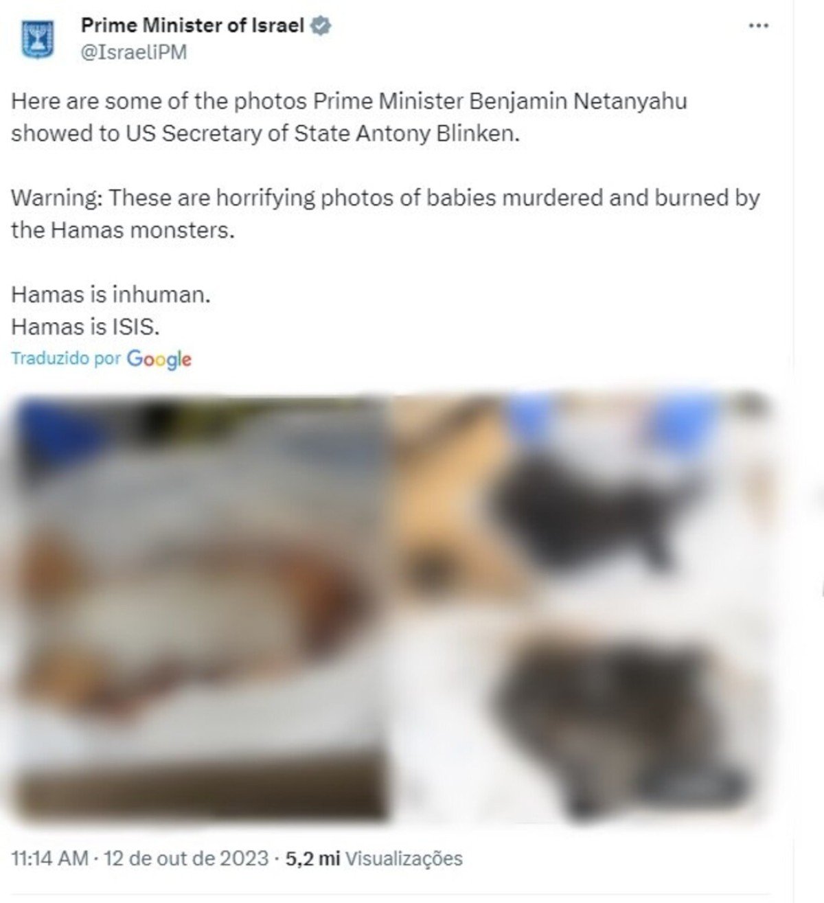 Imagem censurada. Benjamin Netanyahu publicou as imagens sem censura no X, antigo Twitter