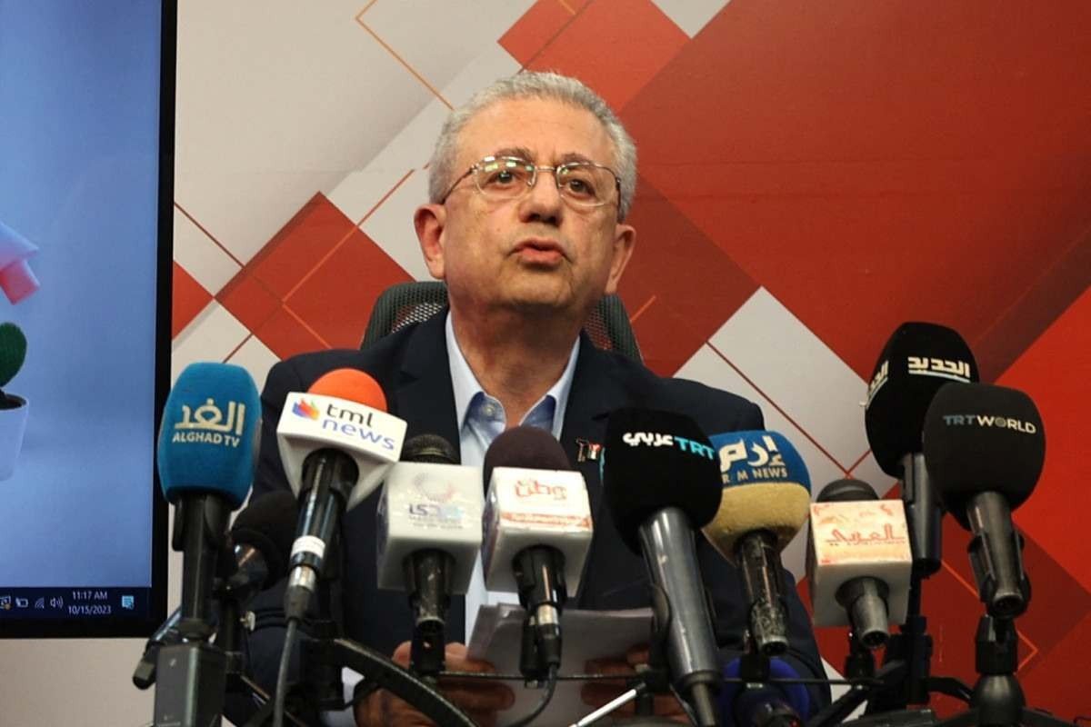  Mustafa Barghouti, leader of the Palestinian National Initiative party, speaks during a press conference about the humanitarian crisis and the political situation in Gaza Strip, in the West Bank city of Ramallah on October 15, 2023, amid the ongoing battles between Israel and the Palestinian Islamist group Hamas. Israeli forces were on October 15, readying for a looming Gaza ground invasion aimed at destroying Hamas, the Palestinian Islamist militant group that unleashed the bloodiest attack in the country's history. (Photo by Jaafar ASHTIYEH / AFP)       