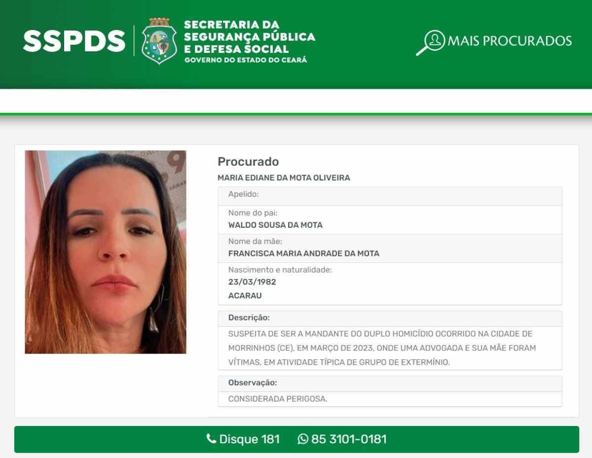 Maria Ediane Mota está na lista de mais procurados do Ceará e foi classificada como perigosa