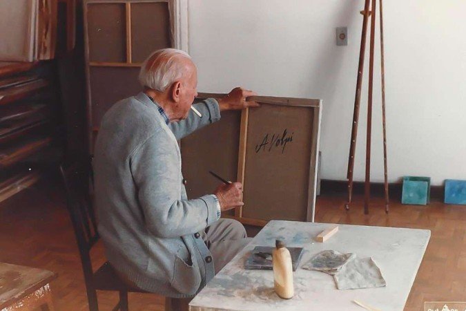 Alfredo Volpi (1896 – 1988), imagens inéditas do artista de 1981/1985. - (crédito: Arquivo pessoal / Domingos Giobbi) Alfredo Volpi (1896 – 1988), imagens inéditas do artista de 1981/1985. - (crédito: Arquivo pessoal / Domingos Giobbi)