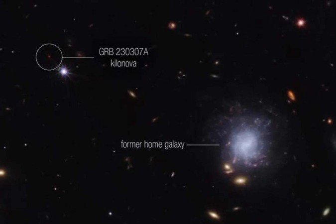 Fenômeno foi causado pela colisão de dois corpos celeste denominados estrelas de nêutrons - (crédito: NASA, ESA, CSA, STScI, Andrew Levan (IMAPP, Warw)) Fenômeno foi causado pela colisão de dois corpos celeste denominados estrelas de nêutrons - (crédito: NASA, ESA, CSA, STScI, Andrew Levan (IMAPP, Warw))