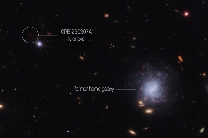A imagem do James
Webb destaca a explosão
de raios gama 230307A - (crédito: NASA, ESA, CSA, A. Levan (Radboud University), A. Pagan (STScI)) A imagem do James
Webb destaca a explosão
de raios gama 230307A - (crédito: NASA, ESA, CSA, A. Levan (Radboud University), A. Pagan (STScI))