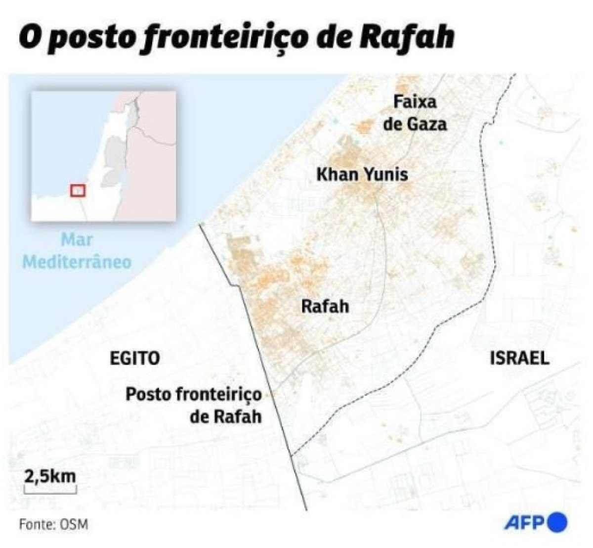 Mapa mostrando a passagem fronteiri&ccedil;a de Rafah