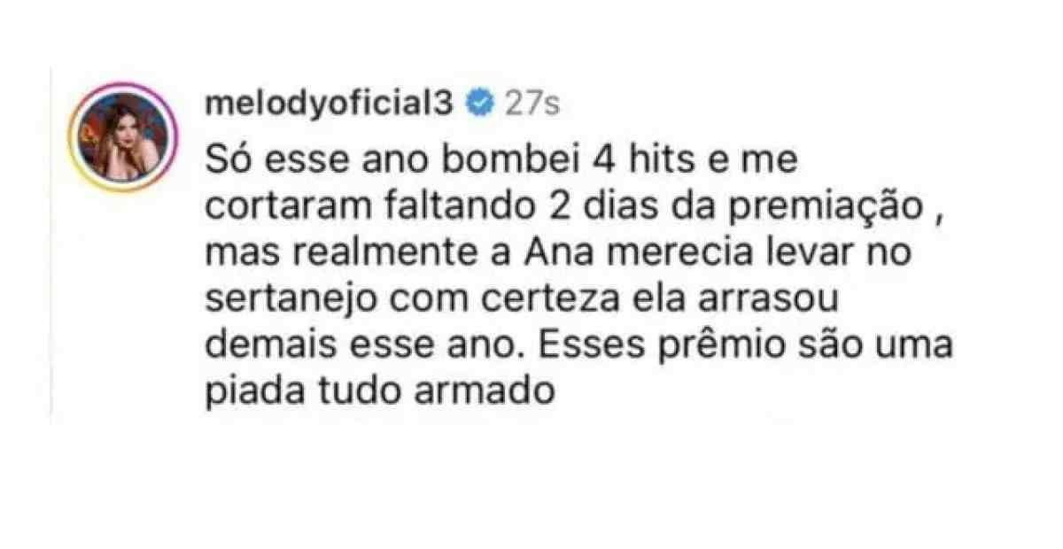 A artista, de 16 anos rasgou o verbo e contou ter sido escanteada dois dias antes da premiação, em comentário feito em uma publicação da página Choquei, no Instagram