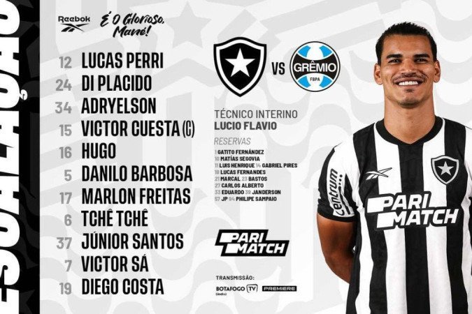 Botafogo escalado com Hugo e Diego Costa para enfrentar o Grêmio -  (crédito: Jogada10)